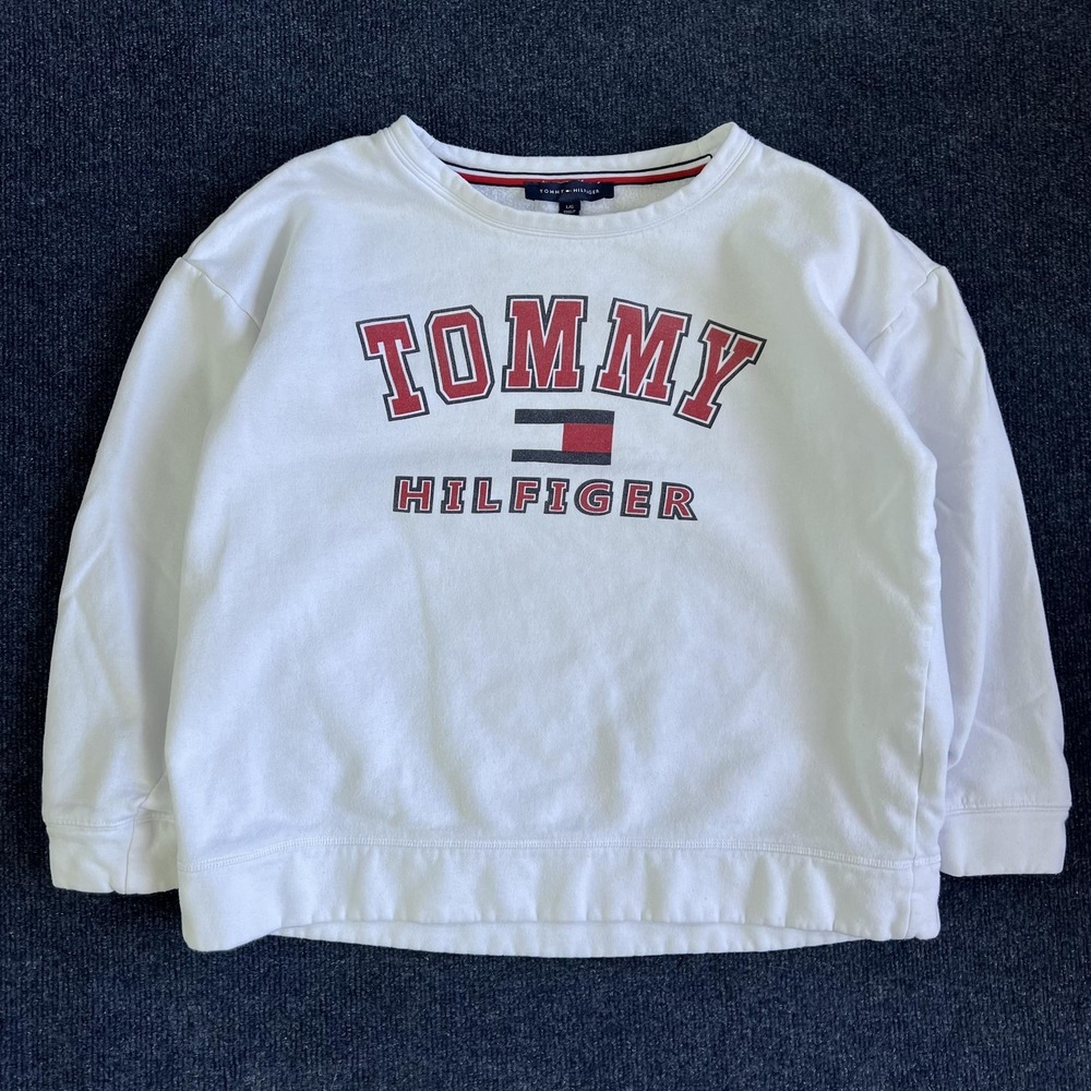 Tommy Hilfiger Sweatshirt Womens Large White Flag Logo‎ Fleece Crewneck Pullover